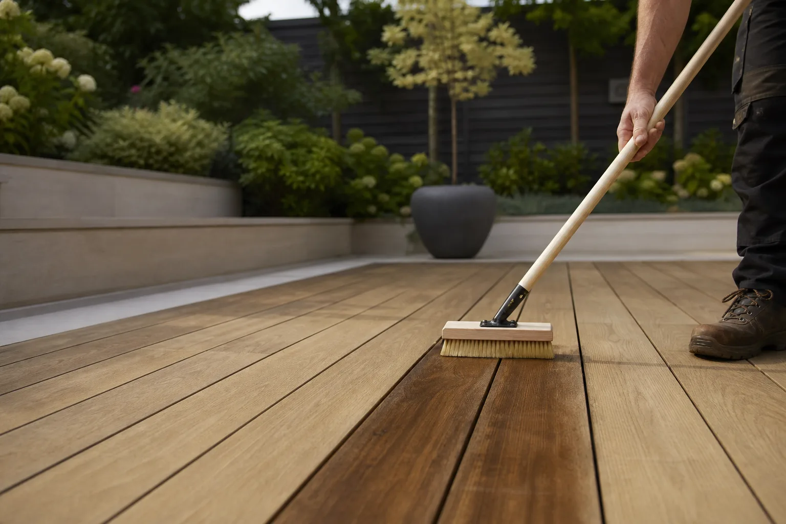 A brush applying protective oil to exterior decking