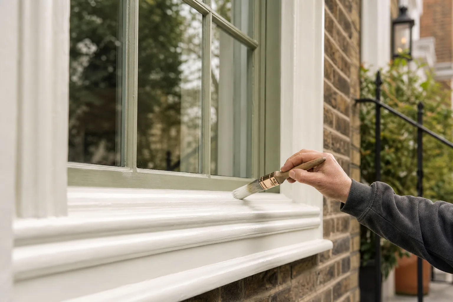 A traditional sash window being prepared for an exterior woodcare system