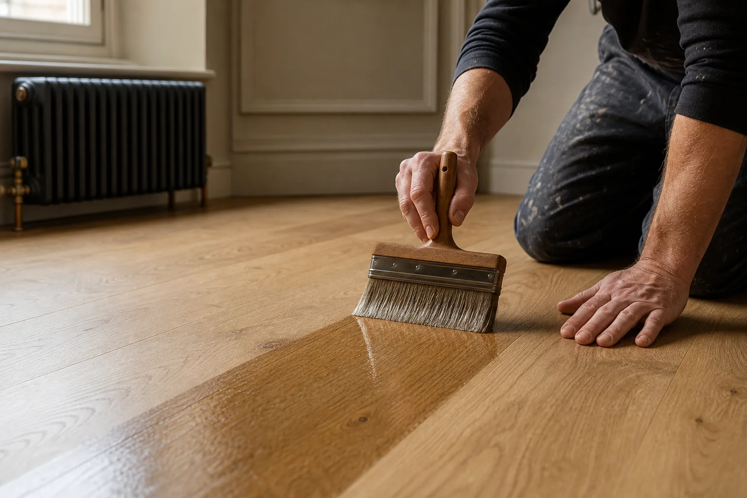 A decorator applying a clear finish to an oak floor
