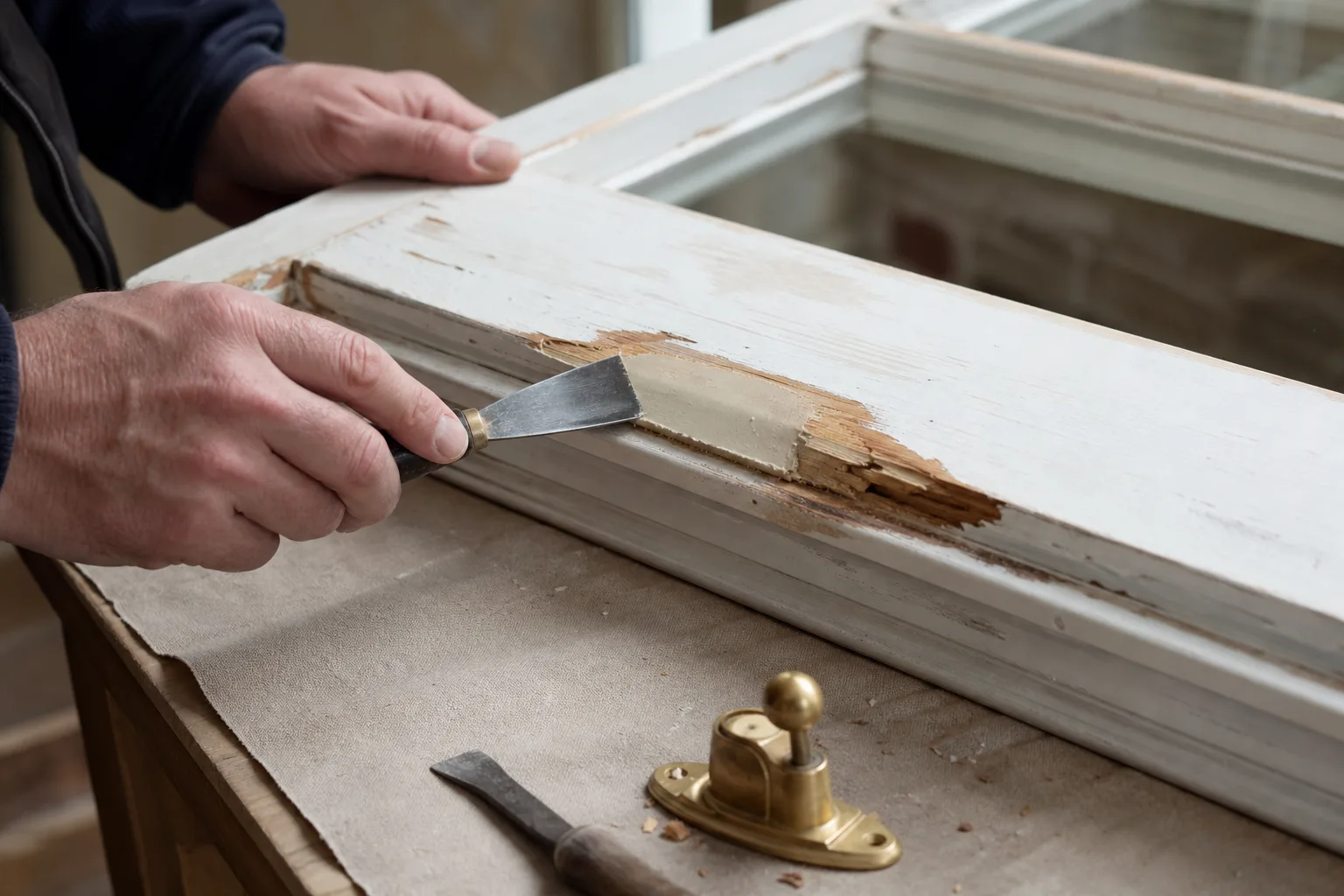 A careful resin repair being made to damaged window timber